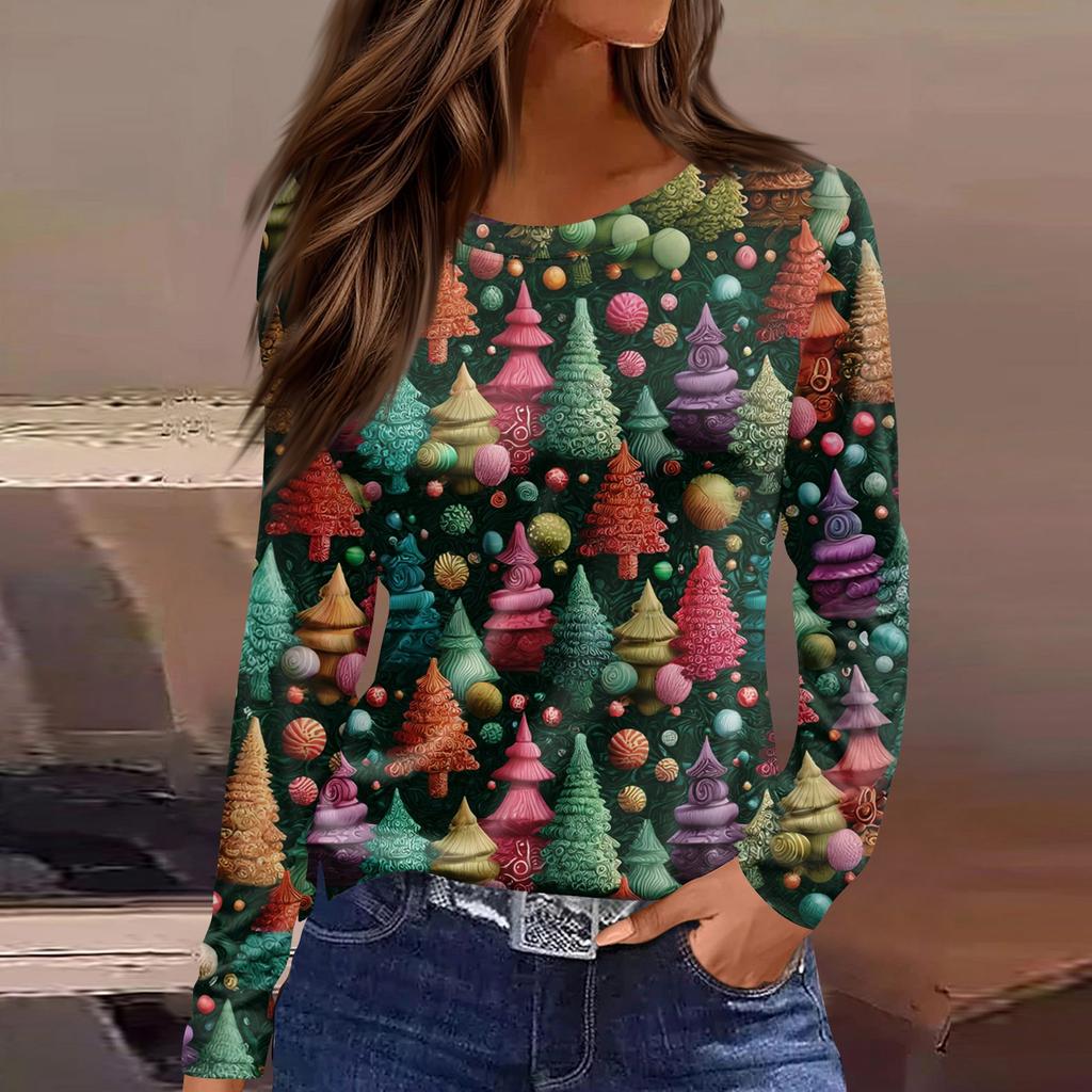 3D Santa Claus Head Printed Round Neck Long Sleeve T-shirt Fashion Casual Long Sleeve Top