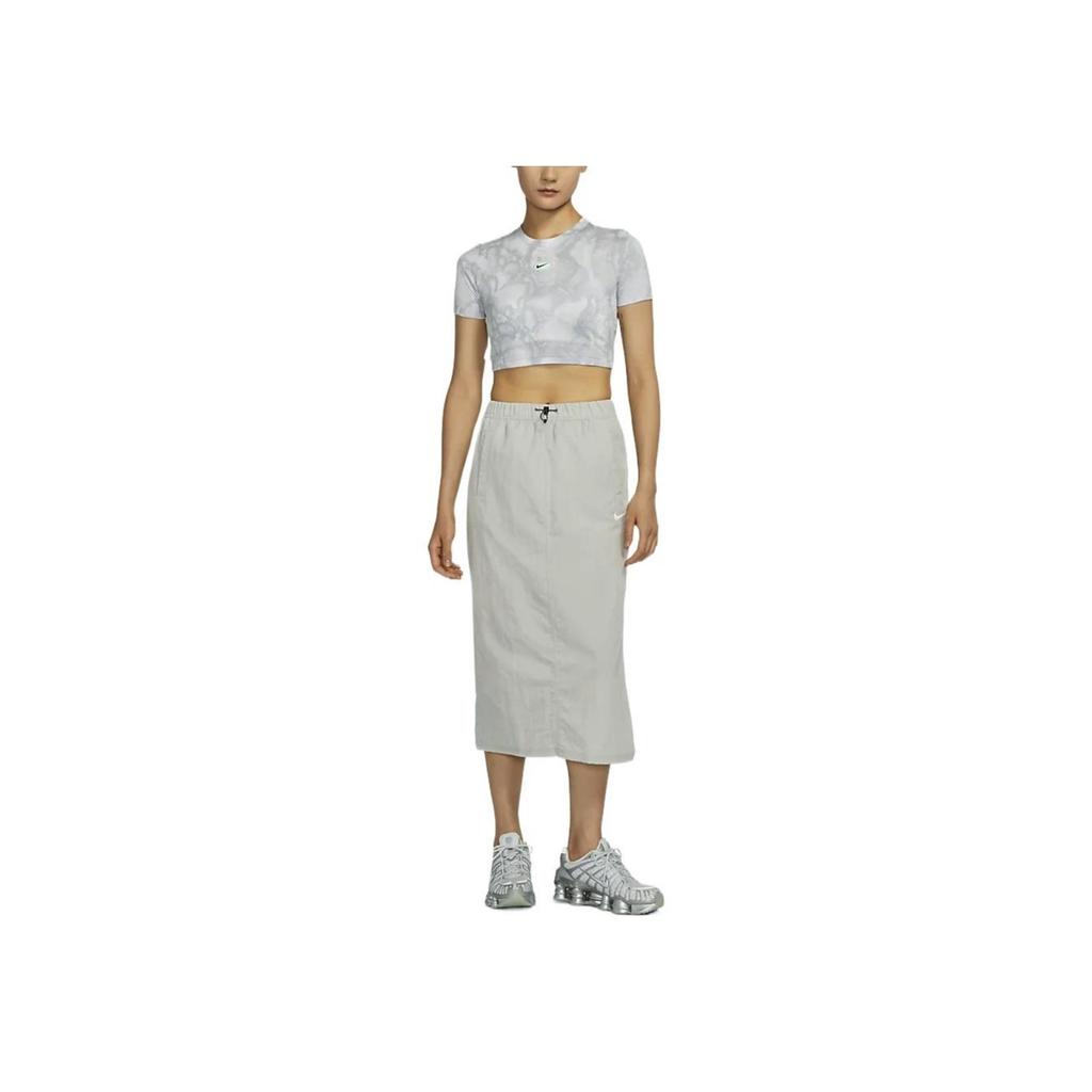 Nike Solid Color Logo Print Side Split Woven High Waist Midi Casual Skirt Women Skirts Gray DM6250-012