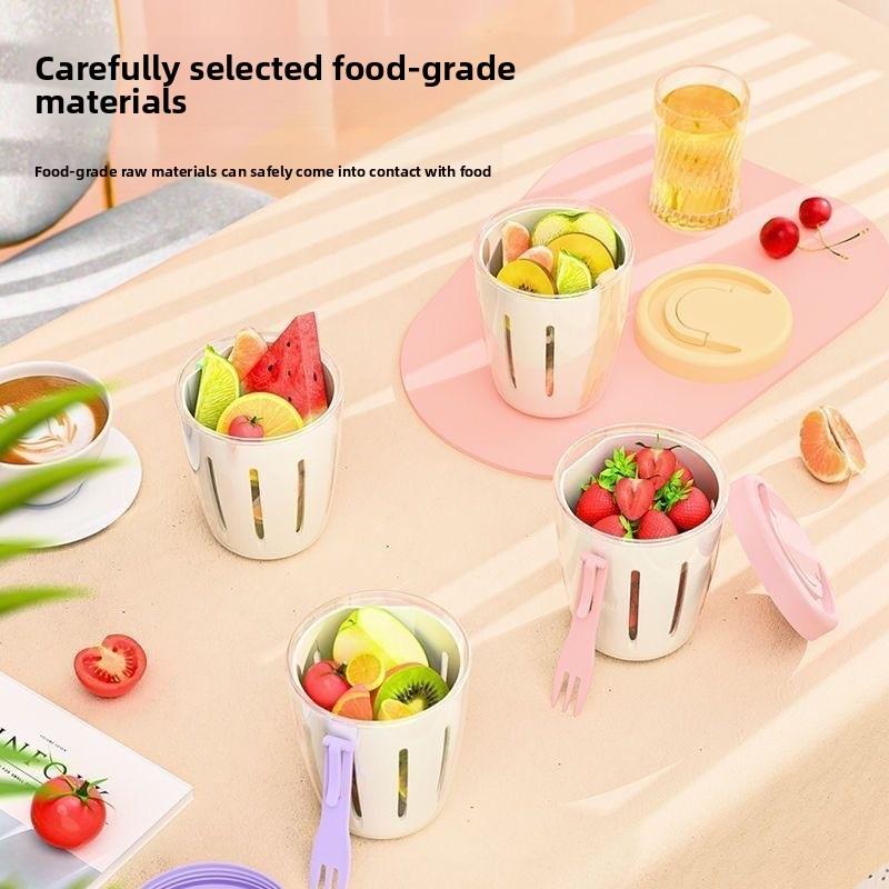 Fruit Cup - Portable, with Water-draining Feature, Comes with A Fork. Breakfast Salad Cup. Take-away for Outdoor Picnic. Fruit Cup Made of Oatmeal.