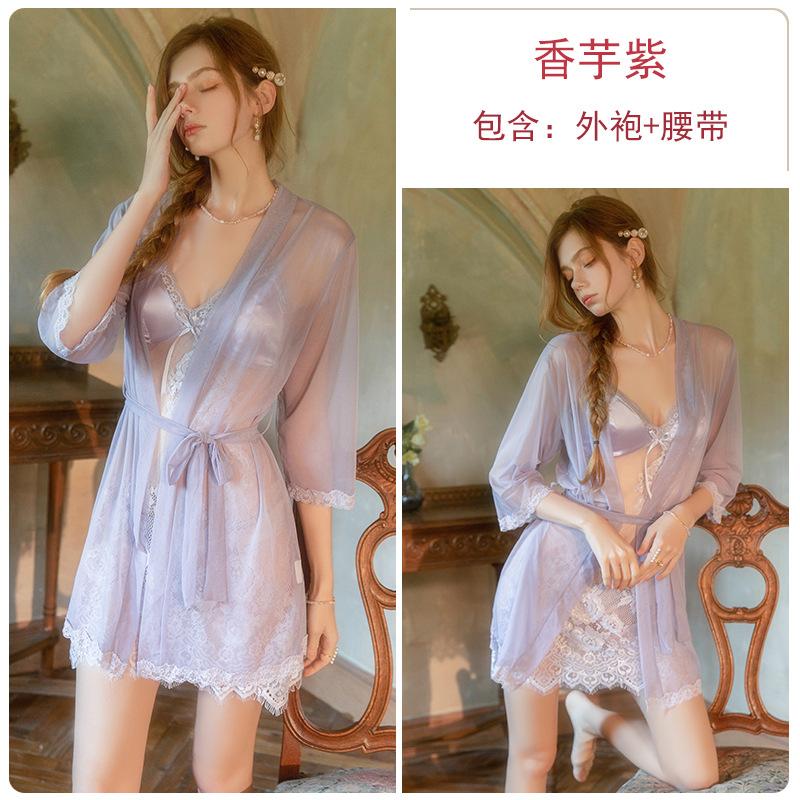 

Sexy underwear hot plus chest pad sweet perspective mesh lace sexy nightdress robe set X One size fits all