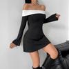 Women Evening Party Flare Sleeve Flat Shoulder Solid Color Bodycon Mini Package Hip Dress