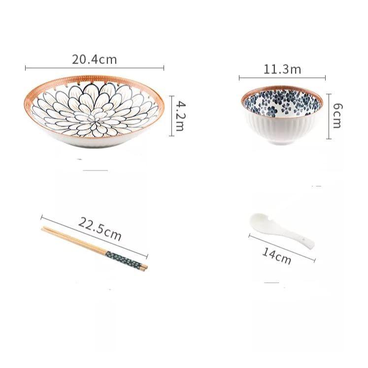 Japanese Ramen Bowls And Spoons Set With Chopsticks - Small Bowls For Pho, Rice Or Soup And Noodles - 14 Piece Set (Bowl H 4B+4S+4C+2P)