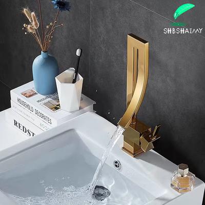 Shiny Gold Bathroom Basin Faucet Cold Hot Deck Mounted Mixer Crane Tap Black Nickel Chrome Brass Waterfall Mixers Single Hand