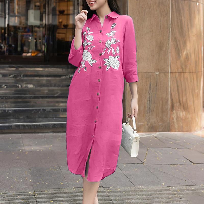 

ZANZEA Женское повседневное платье с отложным воротником, свободным рукавом 3/4 и принтом 5XL темно-розовый