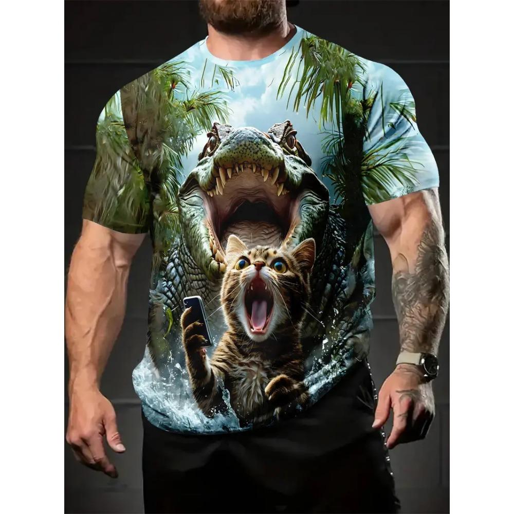 Herren Neues T-Shirt mit Krokodilmuster, Sommer-Mode 3D-gedruckt, lässig, kurzärmlig, lockeres Oberteil im Harajuku-Stil
