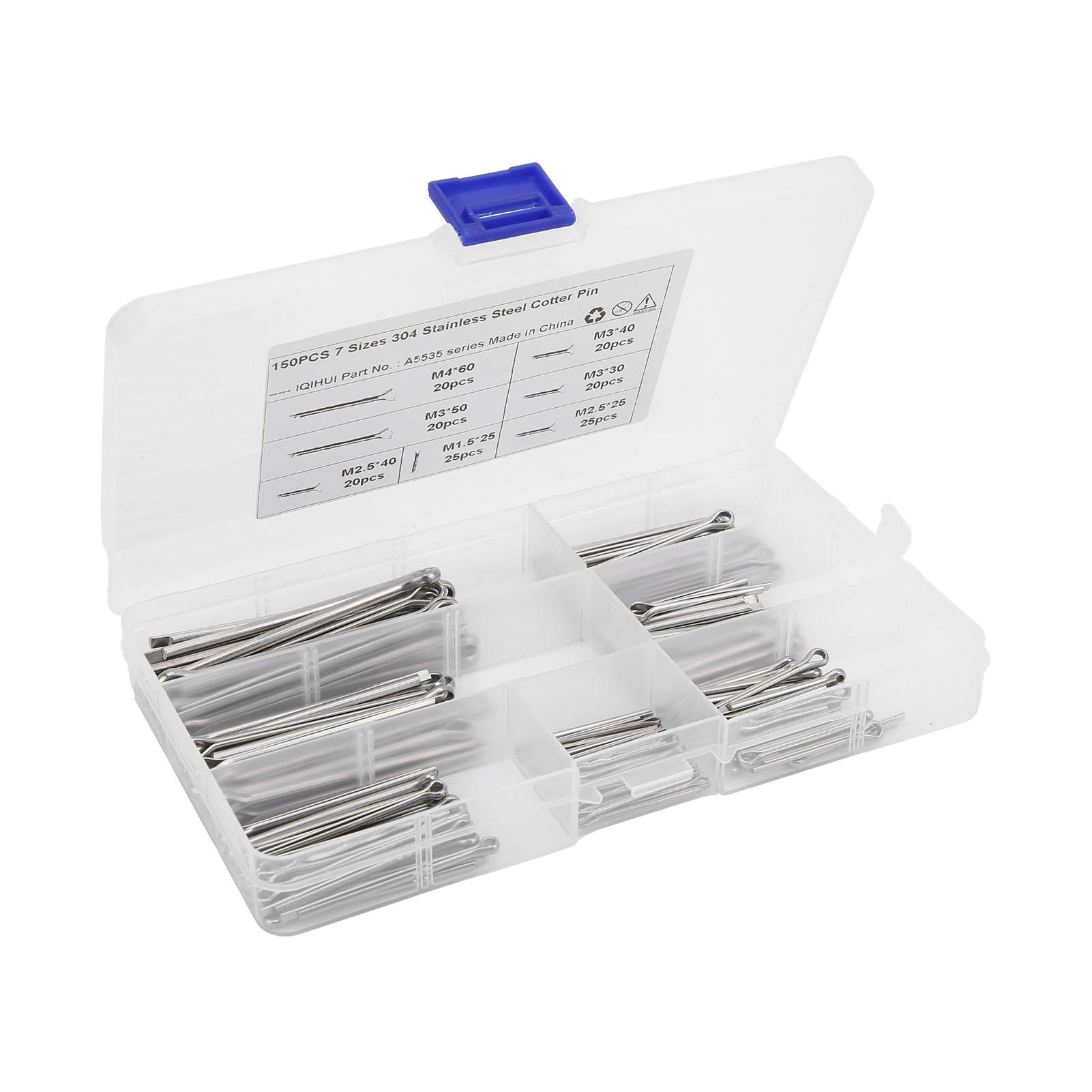 

Набор шплинтов 150 шт. Ассортимент Нержавеющая сталь 7 спецификаций Разводные шплинты Универсальный автомобильный аксессуар