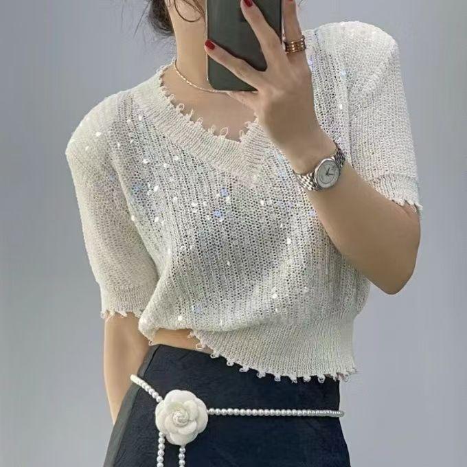 

Корейская версия V-образный вырез дизайн трикотажная футболка Ice Silk женская пайетки короткий рукав топ XL