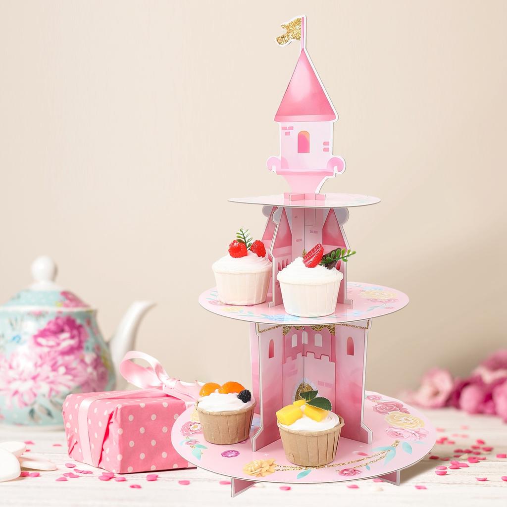 3 Layers Watercolor Princess Cupcake Stand Cardboard Castle Shape Cake Stand for Baby Anniversary Birthday Tea Party Supplies