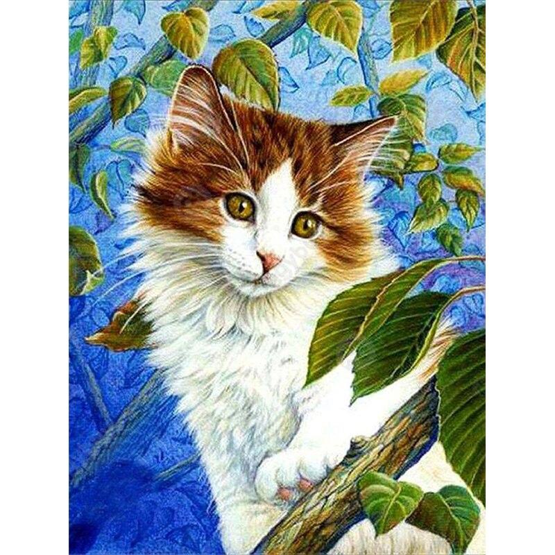 Pintura de Diamante DIY 5D Gato Fofo Bordado de Diamante Cenário de Outono Ponto Cruz Broca Redonda Completa Decoração de Casa Presente Manual