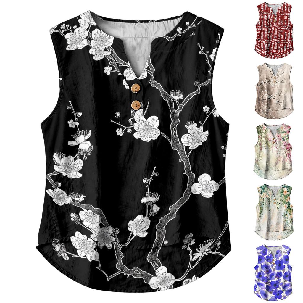 Women's Casual, Loose-Fitting, Printed, Sleeveless Linen Blouse