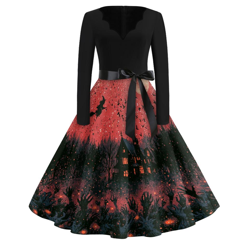 Women's V Neck Vintage Halloween Print Dress for Casual Party Wear