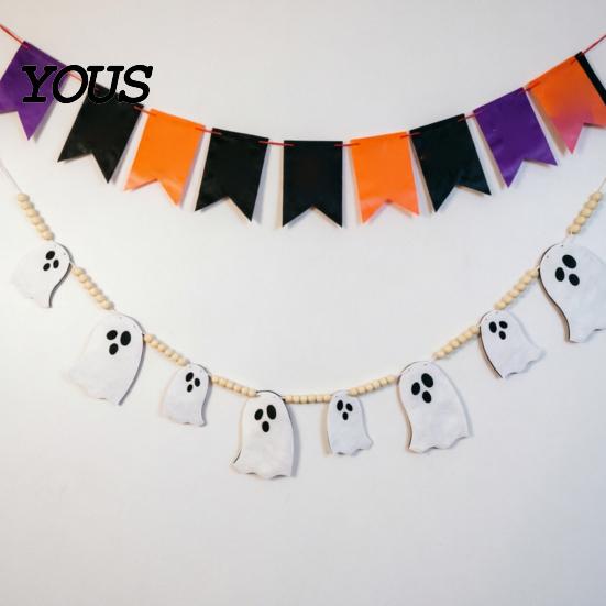 Ghost Halloween Garland 2 Pcs 7.5FT Garland, Felt Pumpkin Bat Skull with Banner Decoration Wood Beads, Party Hanging for Fireplace Doorway Indoor