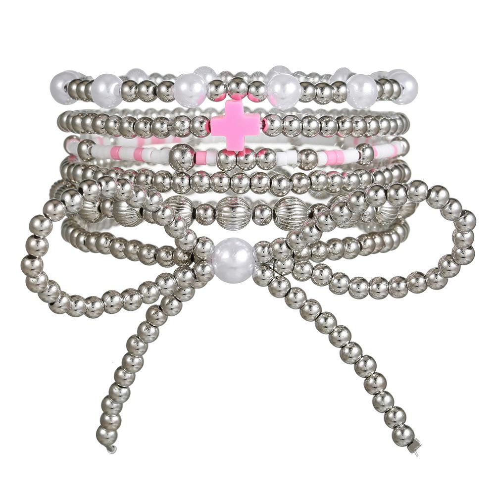 Hot Selling Girlfriend Bracelet Bohemian Pink Bow Pendant Bracelet Female Pearl Crystal Bracelet Set