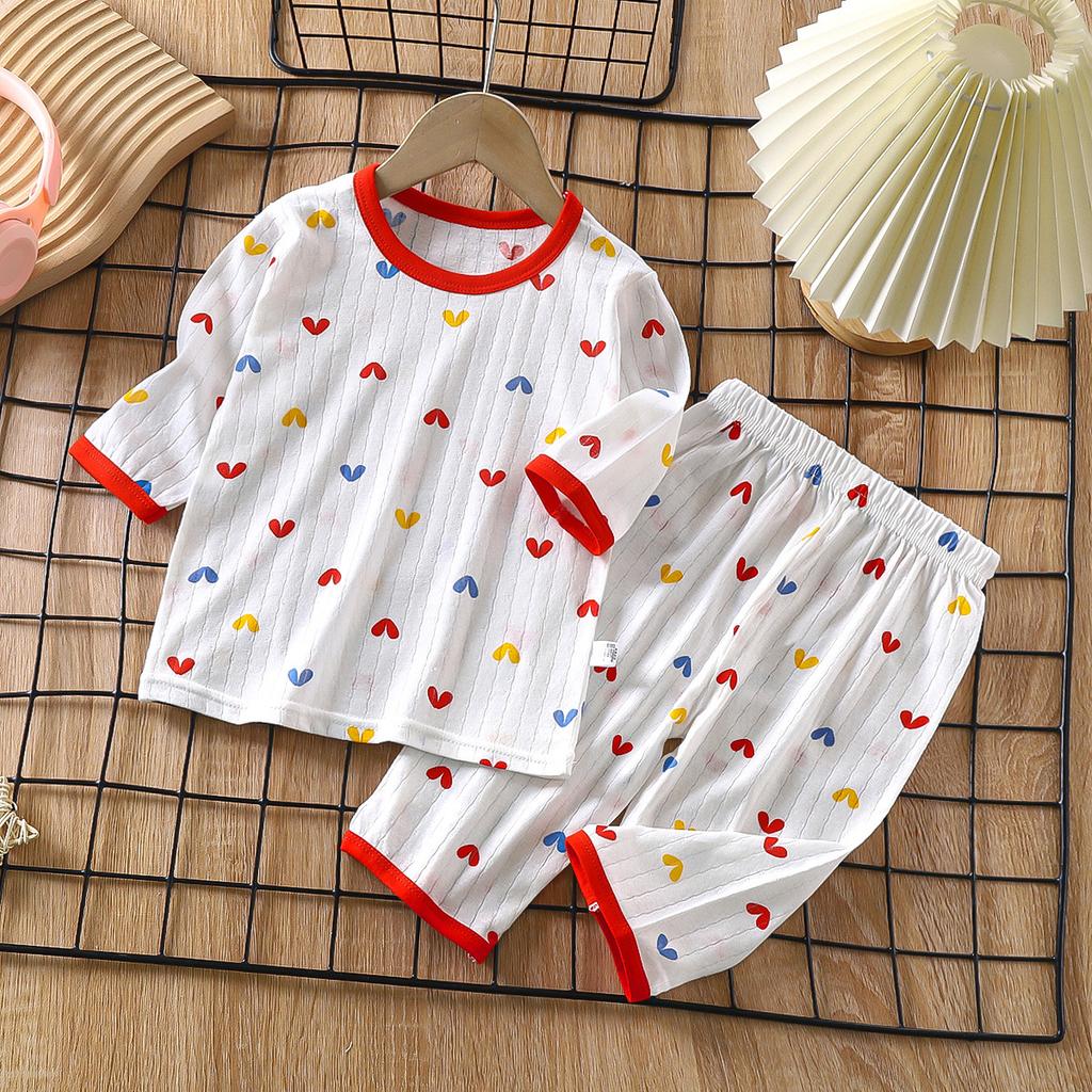 Childrens Cotton Cartoon T-Shirt and Striped Pants Set Cute Kids Loungewear Baby Pajamas Thin Clothing