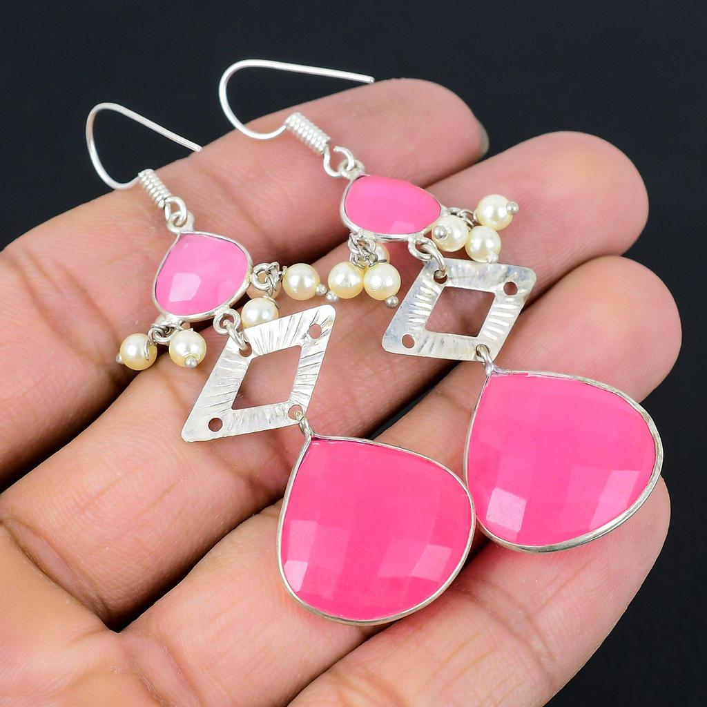 Sisters Day Deal 925 Silver Pink Chalcedony Stone Drop Dangle Earrings Jewelry