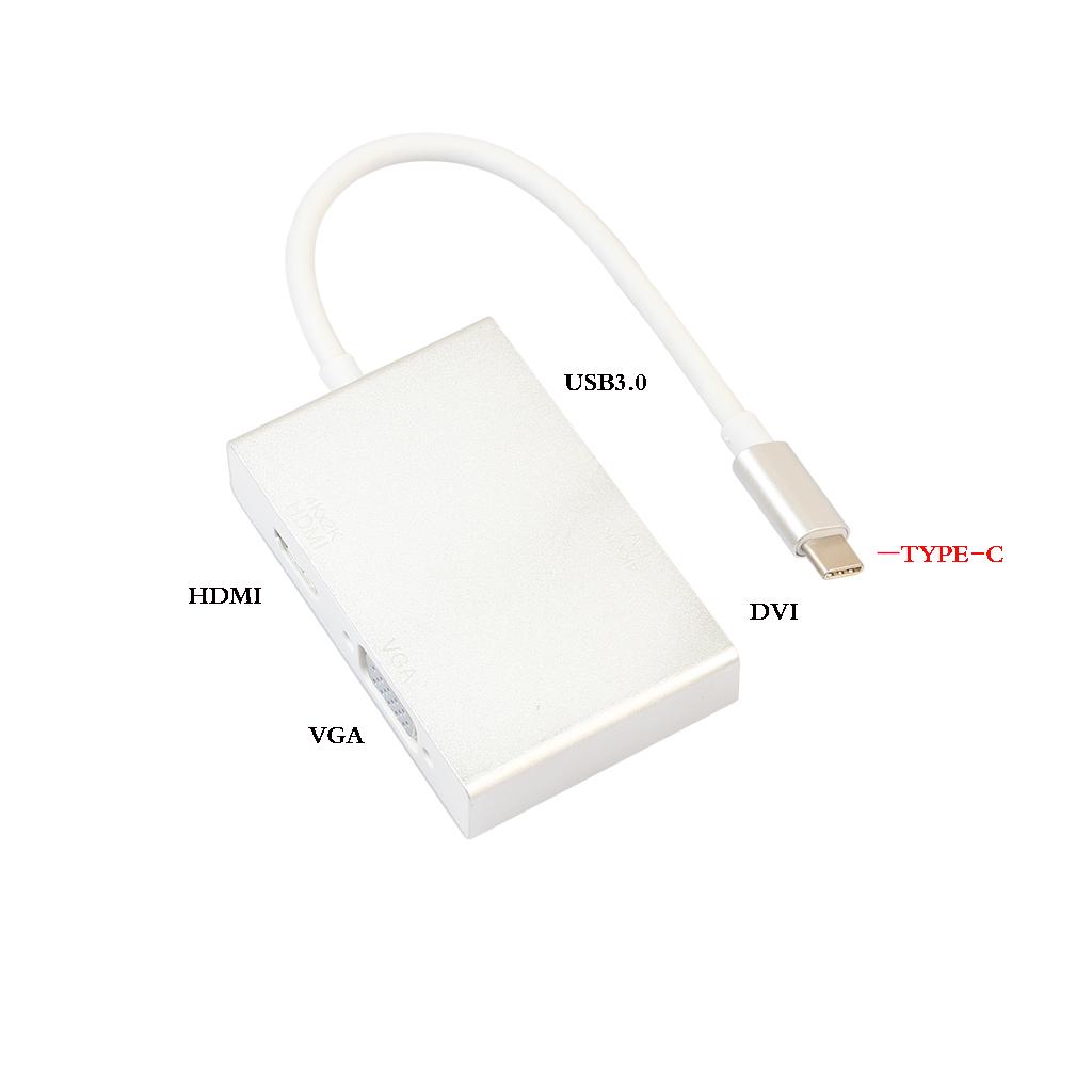 Type-C to HDMI+VGA+DVI+USB3.0 4-in-1 Multi-functional Adapter Type-C Hub for New MacBook Pro Splitter Hub Dock