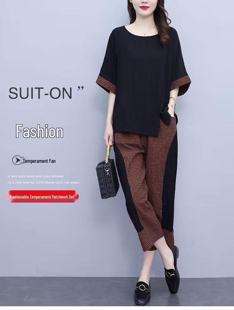 2023 Plus Size Korean Style Casual Two-Piece Set: Loose Mid-Sleeve Top and Seven-Point Pants