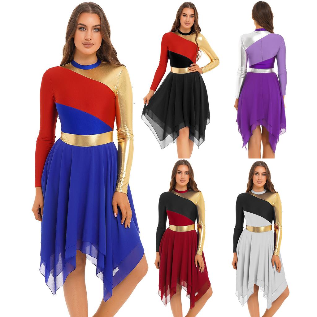 Damen Lyrisches Tanzkleid Colorblock Patchwork Langarm Design Unregelmäßiger Saum Turnanzug Stil Kostüm für Bühnenaufführungen
