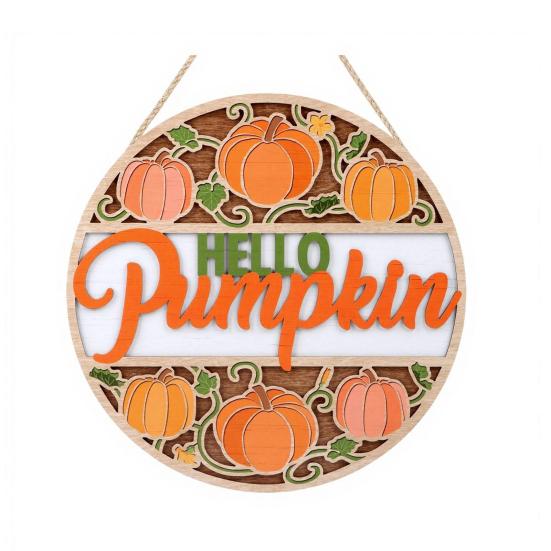 Maple Leaf Pumpkin Ornament Autumn Harvest Wooden Wreath Pendant, Front Door Hanging Ornaments with Hemp Rope, Natural Wood Seasonal Sign Pumpkins