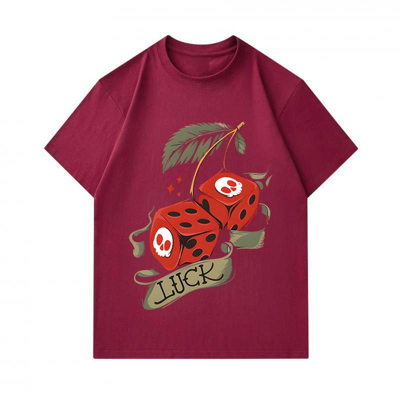 Men's 100% Cotton Crew Neck Short Sleeve T-Shirt, Creative Skull Dice Cherry Luck Print Casual Comfortable Tee for Daily Summer Wear