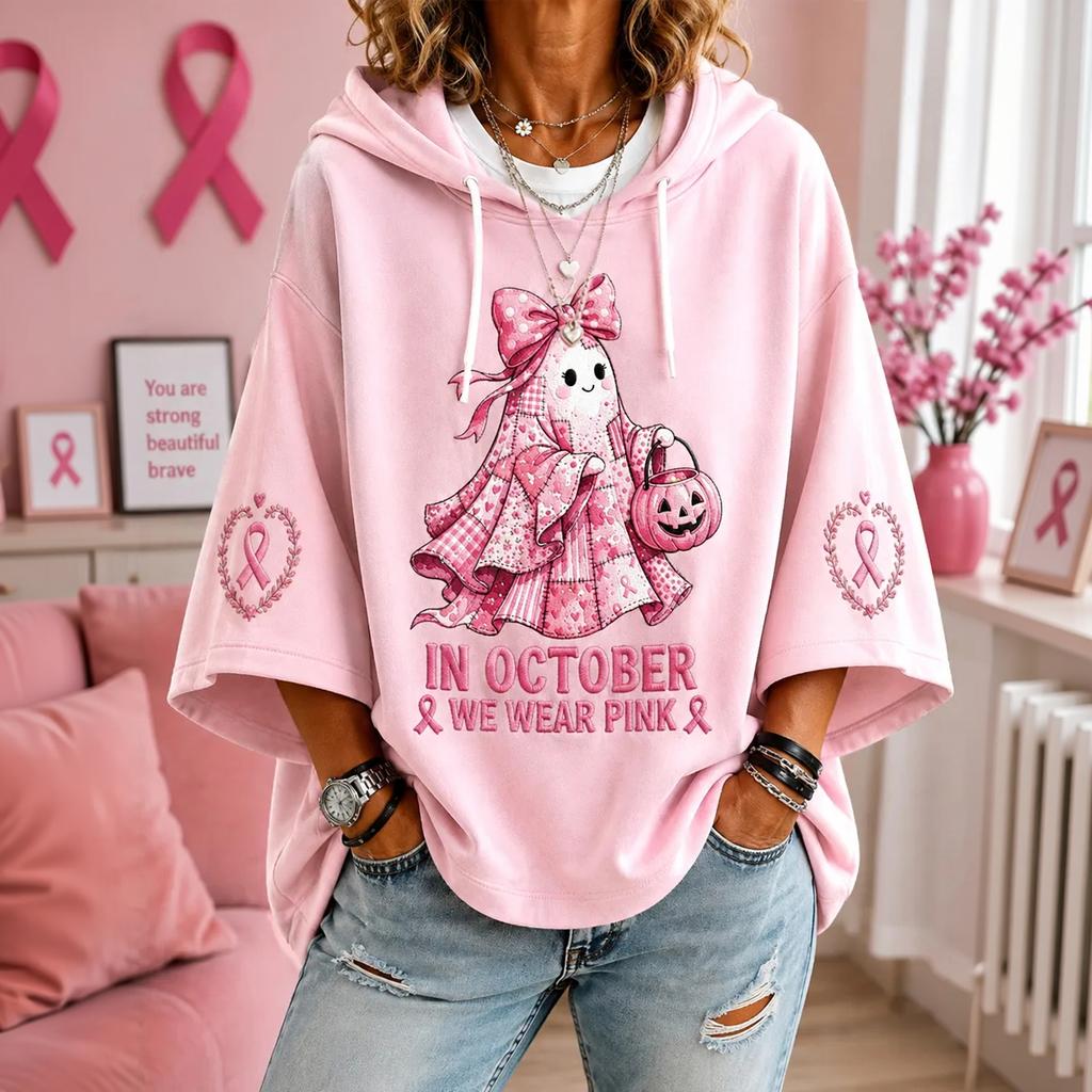 Women's Casual Printed Hooded Pullover Top with Three-Quarter Sleeves and Ribbon