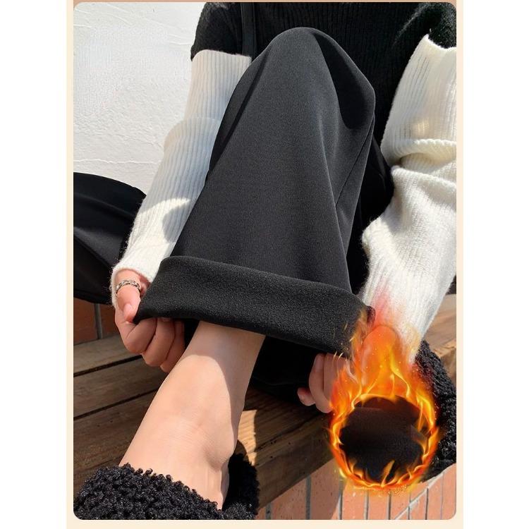 Juodos vilnos pamušalas laisvos šiltos kelnės moterims Laisvalaikės kelnės aukštu juosmeniu