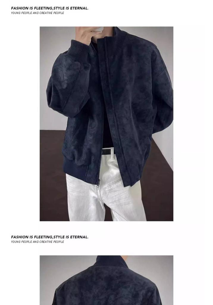 Men's Tie-Dye Leather Bomber Jacket with Stand-Up Collar - Trendy Autumn Heavyweight Outerwear