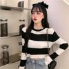 Listrado Cropped Fino Manga Longa Malha Suéter Feminino Casual Gola Redonda Top Simples Camisa Y2k Pullovers KoreanFashion