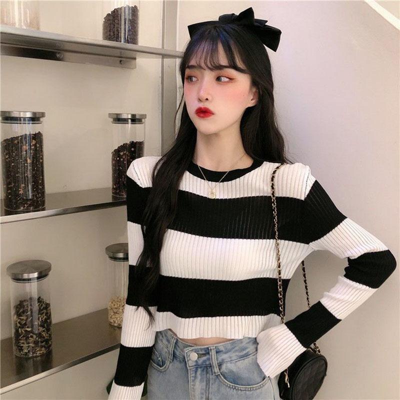 Pruhovaný zkrácený tenký pletený svetr s dlouhým rukávem Dámský ležérní top s kulatým výstřihem Jednoduché spodní tričko Y2k Pulovry Korejská móda