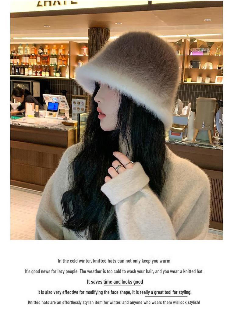 Women's Korean Gradient Rabbit Fur Hat - Trendy Autumn/Winter Warm Bucket Hat
