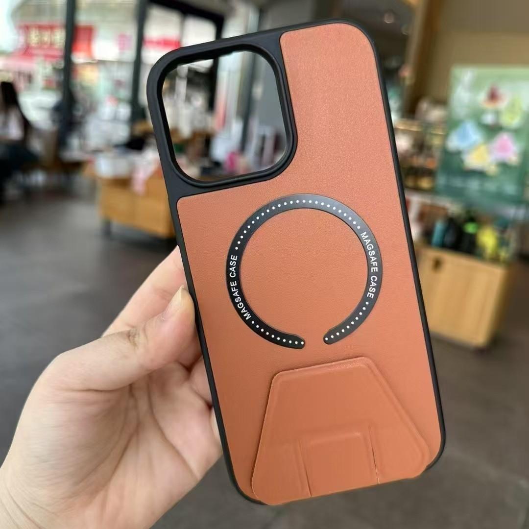 

Подходит для iPhone16Promax, пластиковый кожаный магнитный держатель с защитой от падения, невидимый кронштейн для iPhone15/14, полный комплект для мобильного телефона Apple 16E розовый