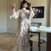 LYRIA Shinny Ruffles Hem Maxi Dress A Line Long Sleeve Slim Fit Party Long Robes Lace Up Luxury Club Vestidos Lady Gowns