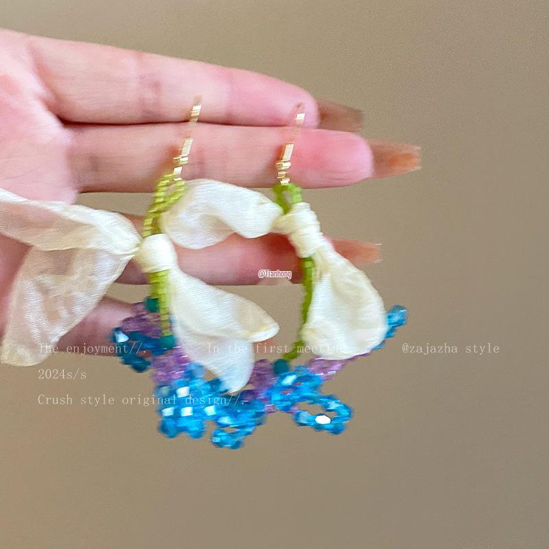 Green Island Beaded Flower Earrings: Spring Dopamine Style, Exaggerated Beach Vacation Jewelry for Women