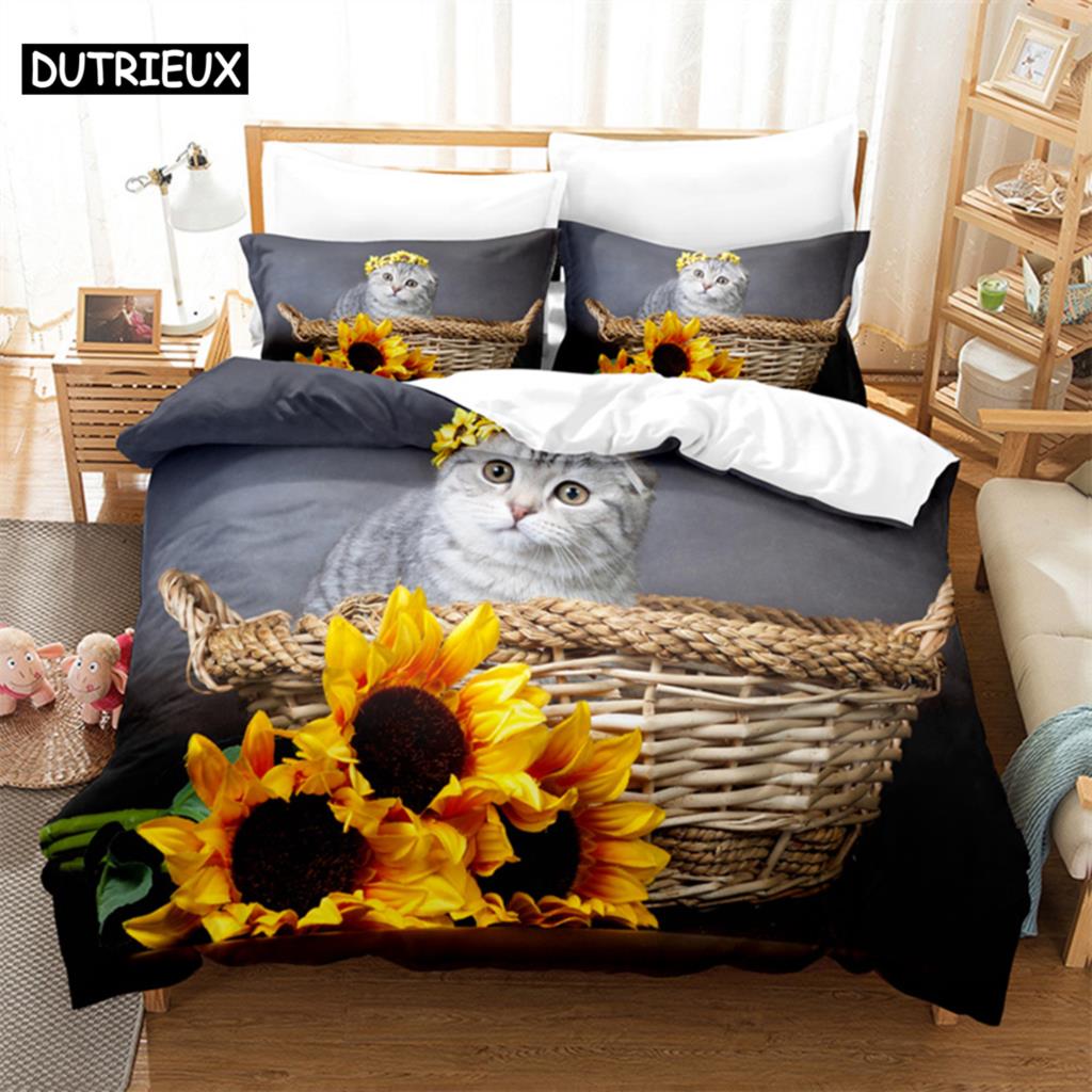 Comforter Cat Flowers Queen Bedding Set Pink Bedding Digital Printing King Size Bedding Sets