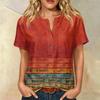 Women’s Fashion Printed Henley Button Neck Short Sleeve Cotton Linen Shirt with Chest Pocket and Modern Abstract Pattern