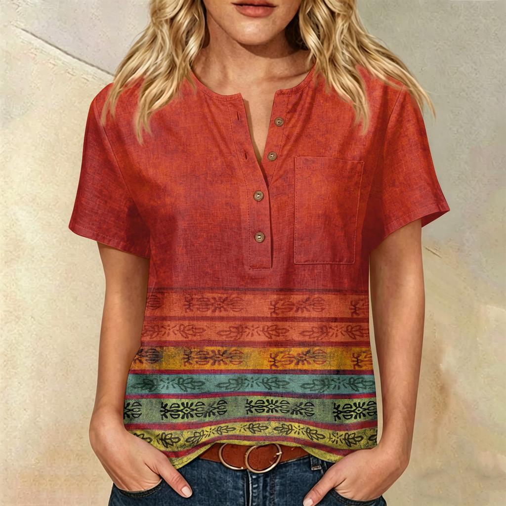 Women’s Fashion Printed Henley Button Neck Short Sleeve Cotton Linen Shirt with Chest Pocket and Modern Abstract Pattern