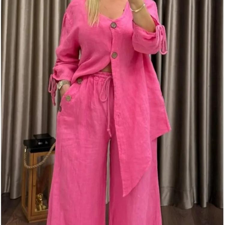 

Fashion Casual Two Piece Outfits Woman Solid Cotton And Linen Loose Button Set For Women s Cardigan Wide-leg Pants 2-piece Set 5XL рожевий червоний колір