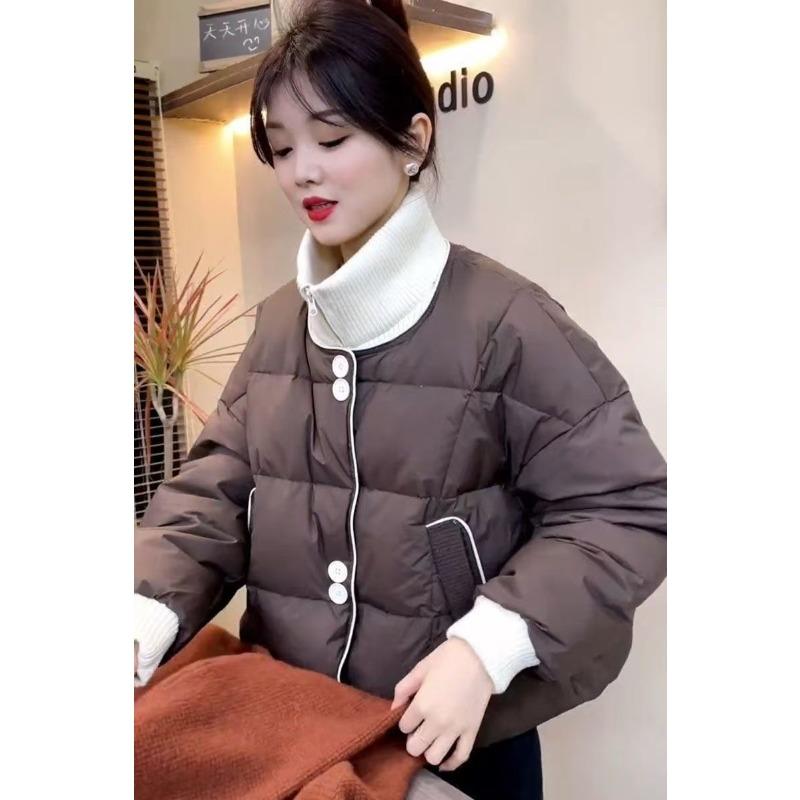 Winter Short Color Block Padded Coat Women Knit Stand Collar Quilted Down Jacket Petite Outerwear