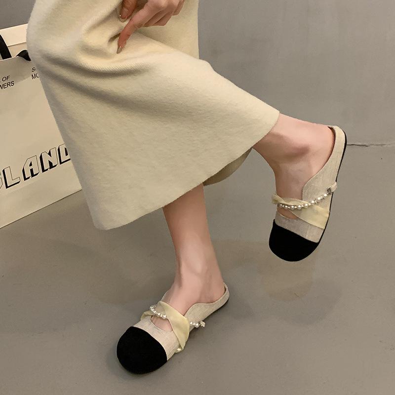 

Нежный и маленький ароматный стиль Мэри Джейн на плоской подошве, сумка с головкой, полушлепанцы, нишевые сандалии, шлепанцы, женская летняя обувь, изысканные новые модели 2025 года Fat feet pat one size bigger абрикосовый