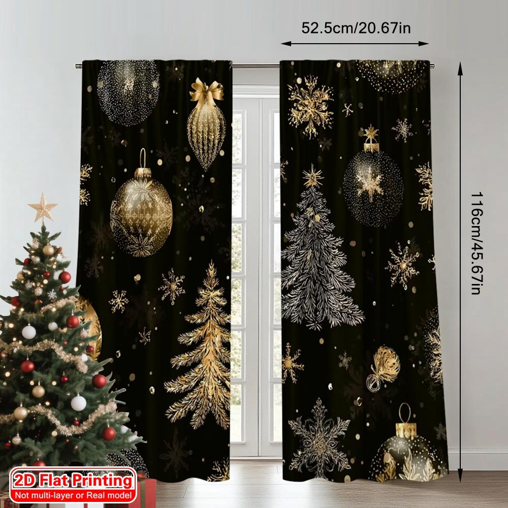 2D flat printing 2pcs Merry Christmas Window Curtains Golden Snowball Black Christmas 100% Polyester Without Electricity