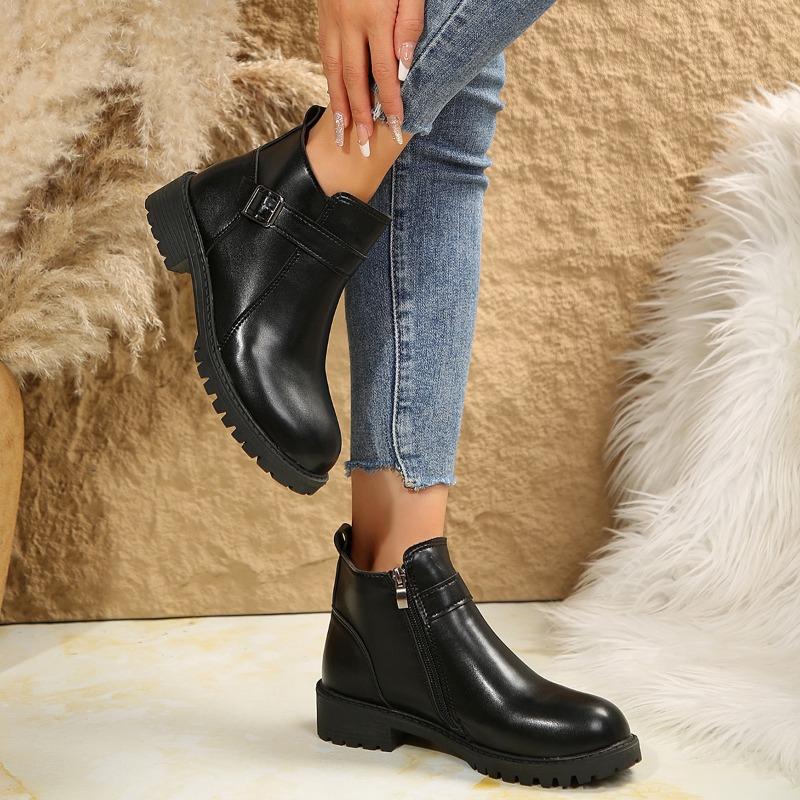 Fashion Womens Boots Hot Women's Casual Leather Shoes Comfortable Women Thick-soled Shoes Side Zipper Slip-on Boots for Women