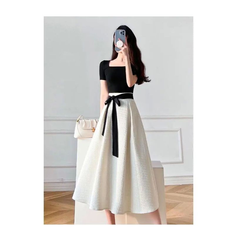 Short-Sleeve Skirt Strappy Dress Elegant Women's Short-Sleeved Skirt Tied Dress