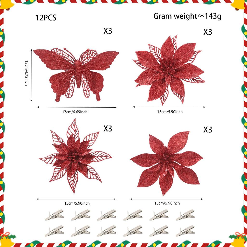 Champagne Gold Butterfly Poinsettia Glitter Flowers, 12-Piece Christmas Tree & Wreath Decoration Set