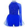 Girls Dance Performance Jumpsuit Sparkly Sequins Bodice Tulle Skirted Leotard Keyhole Back Cutout Waist Asymmetrical Design
