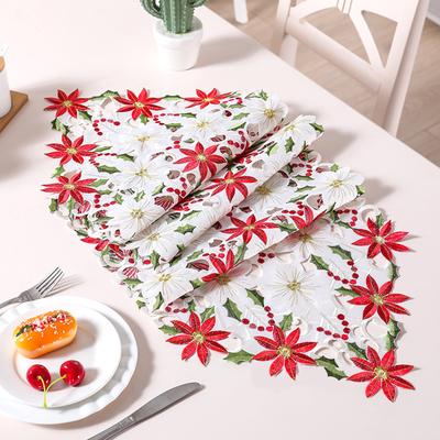 Weihnachten Bestickter Langer Tischläufer 68,5x13,78 Zoll Stechpalme Weihnachtsstern Tischläufer Feiertags Stechpalme Tischläufer für Weihnachtsfeiertag
