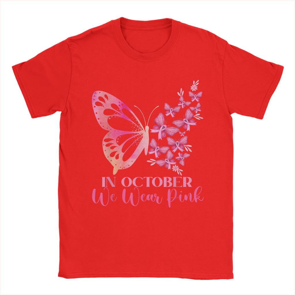 In October We Wear Pink Butterfly Breast Cancer Awareness Men T Shirts  Hipster Tee Shirt Short Sleeve Round Collar T-Shirt Tops
