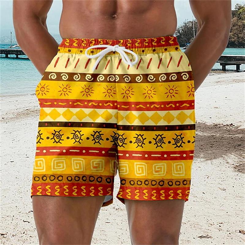 Hawaiian Ethnic Pattern Beach Shorts For Men Geometric Pattern 3D Printed Swimming Trunks Unisex New Summer Vacation Short Pants