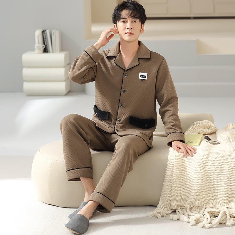 Pajamas Men'S Spring And Autumn Thickened Pure Cotton Men'S Long Sleeve Padded Cotton Autumn And Winter Air Cotton Interlayer Dad Loungewear