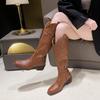 Fashion Vintage Totem Print Side Zip Pu Riding Boots Women Fashion Medium Heel Western Boots Women 2025 Winter Sexy Knee High Shoes