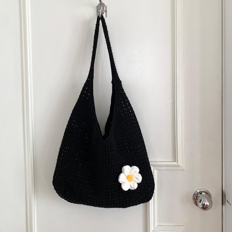 Flower Print Knit Bag for Women Hollow Out Mesh Tote Shoulder Purse Soft Woven Handbag Casual Daily Outing Bag